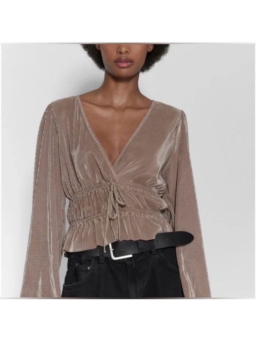 ZARA Women’s Pleated Surplice Peplum Elegant Shiny Taupe V-Neck Blouse size L